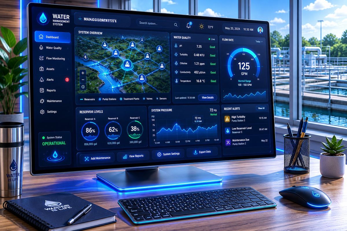 Water management dashboard on a monitor showing reservoir levels, flow rate, and water quality