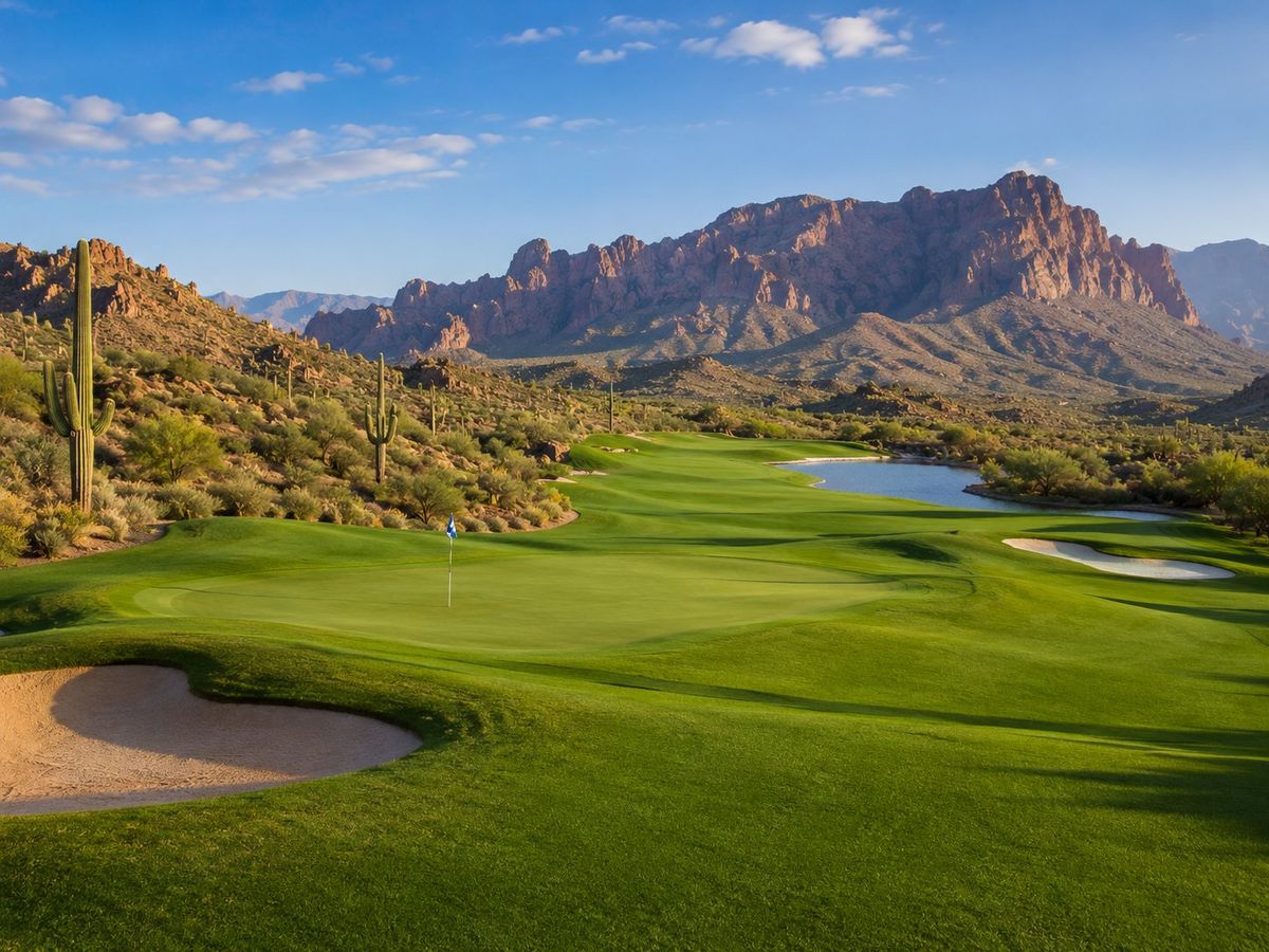 Lush green desert golf course framed by Southwest mountains
