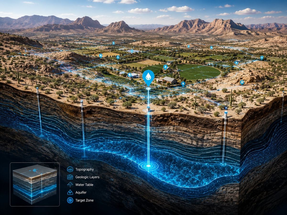Cutaway illustration of topography, geologic layers, water table, and aquifer target zone beneath a Southwest landscape