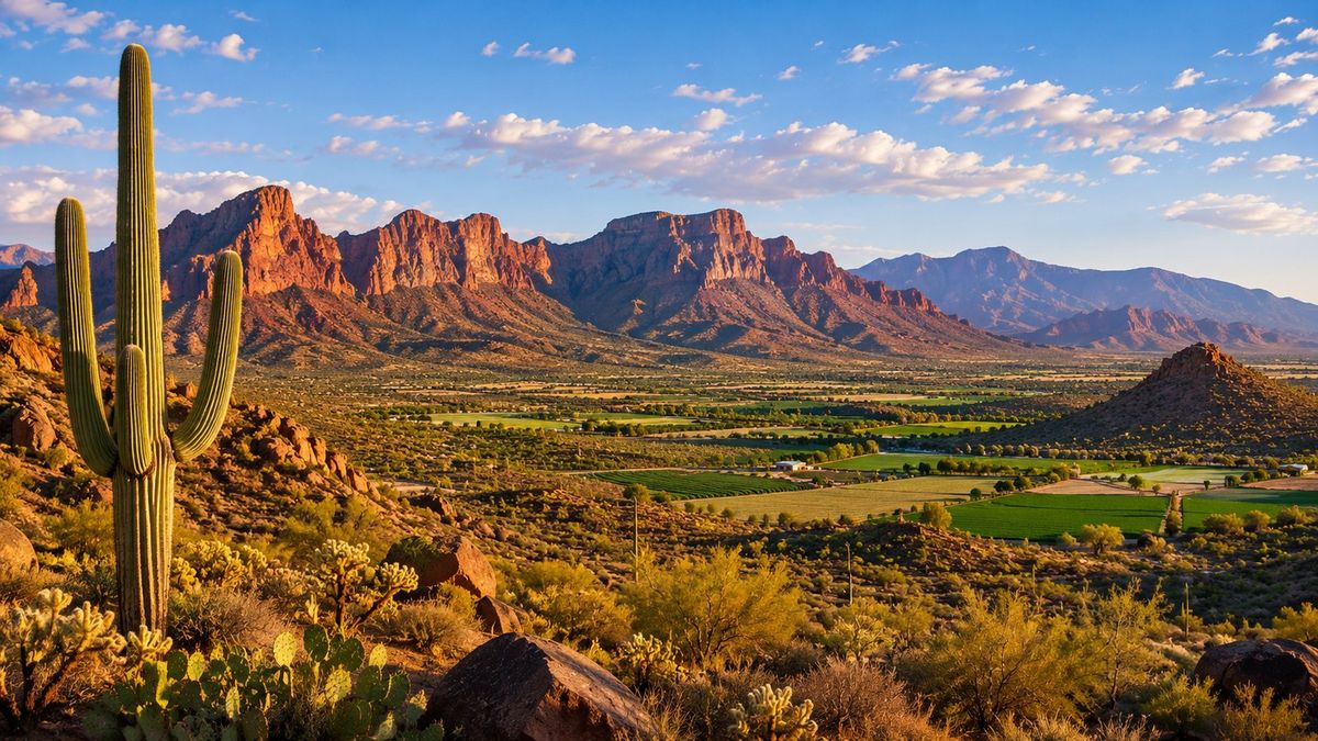 Southwest desert valley with saguaro cactus, red-rock mountains, and green irrigated farmland