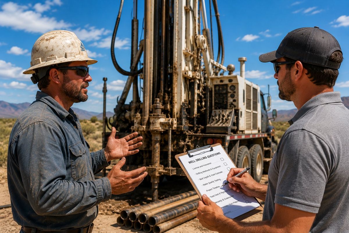 Water Strike rep reviewing a well-drilling questions checklist with a driller at the rig