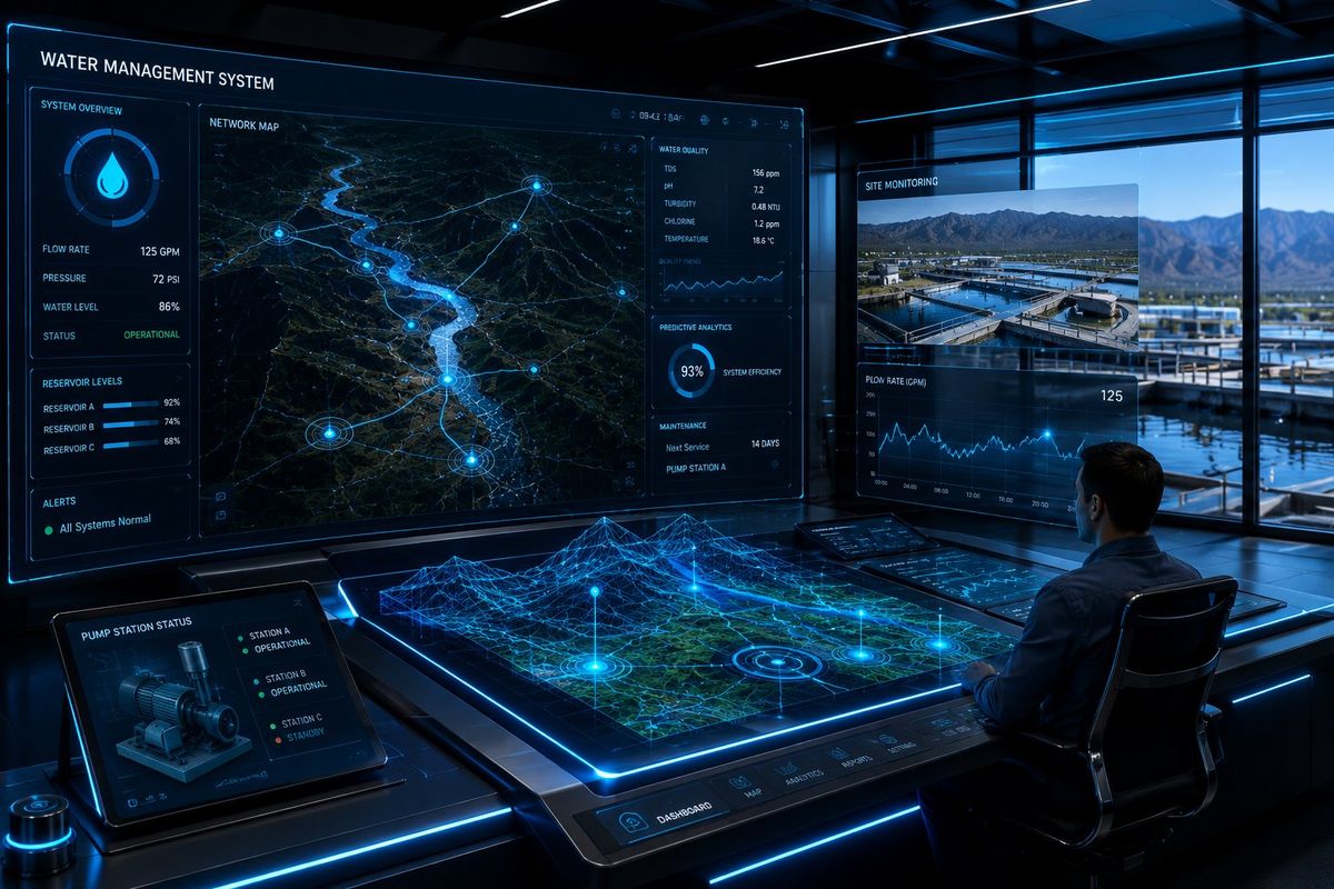 Water management command center with large screens mapping groundwater networks and live flow data