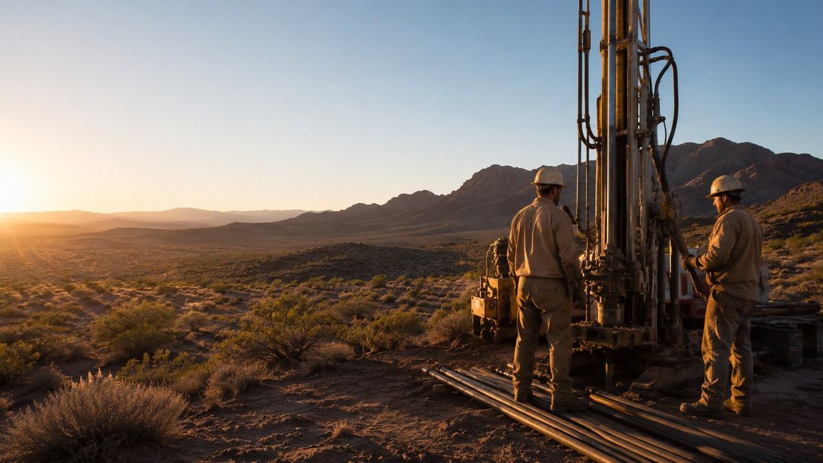 Two well drillers operating a drilling rig in the Southwest desert at sunset