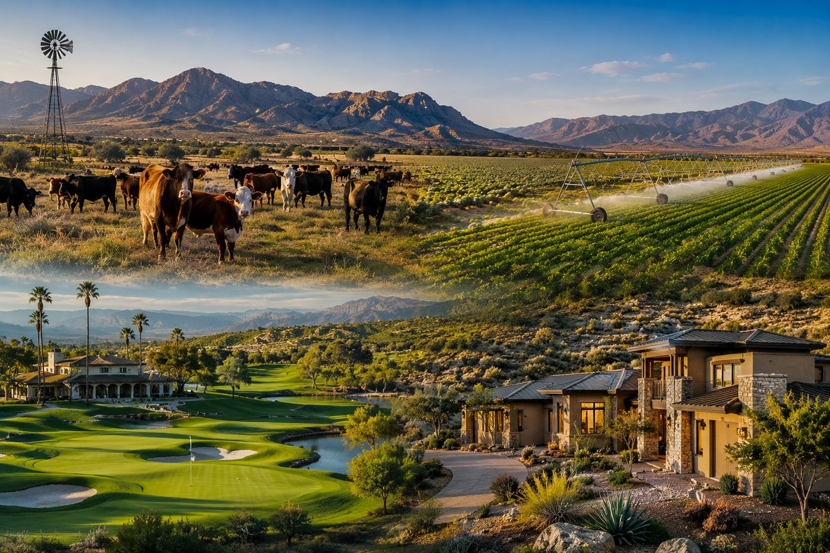 Montage of Water Strike's clients: cattle ranching, agricultural irrigation, a golf course, and Southwest residential properties