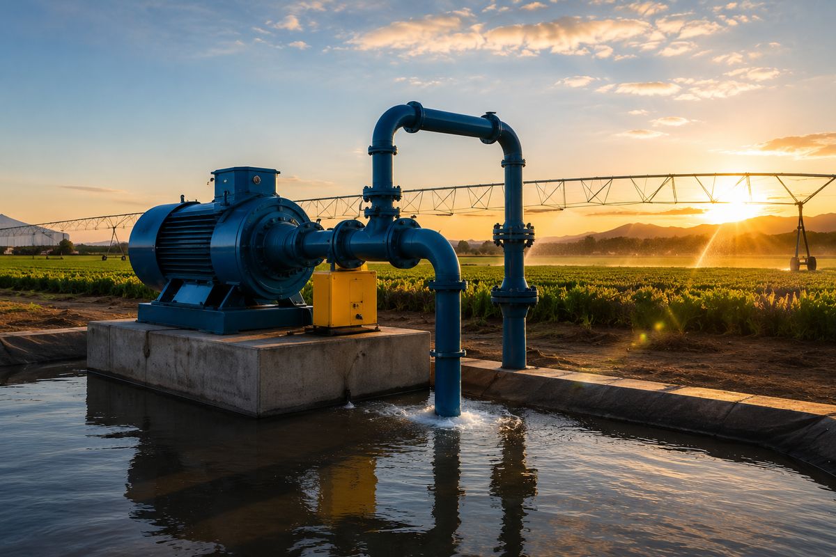 Irrigation pump station delivering water to a field at sunset