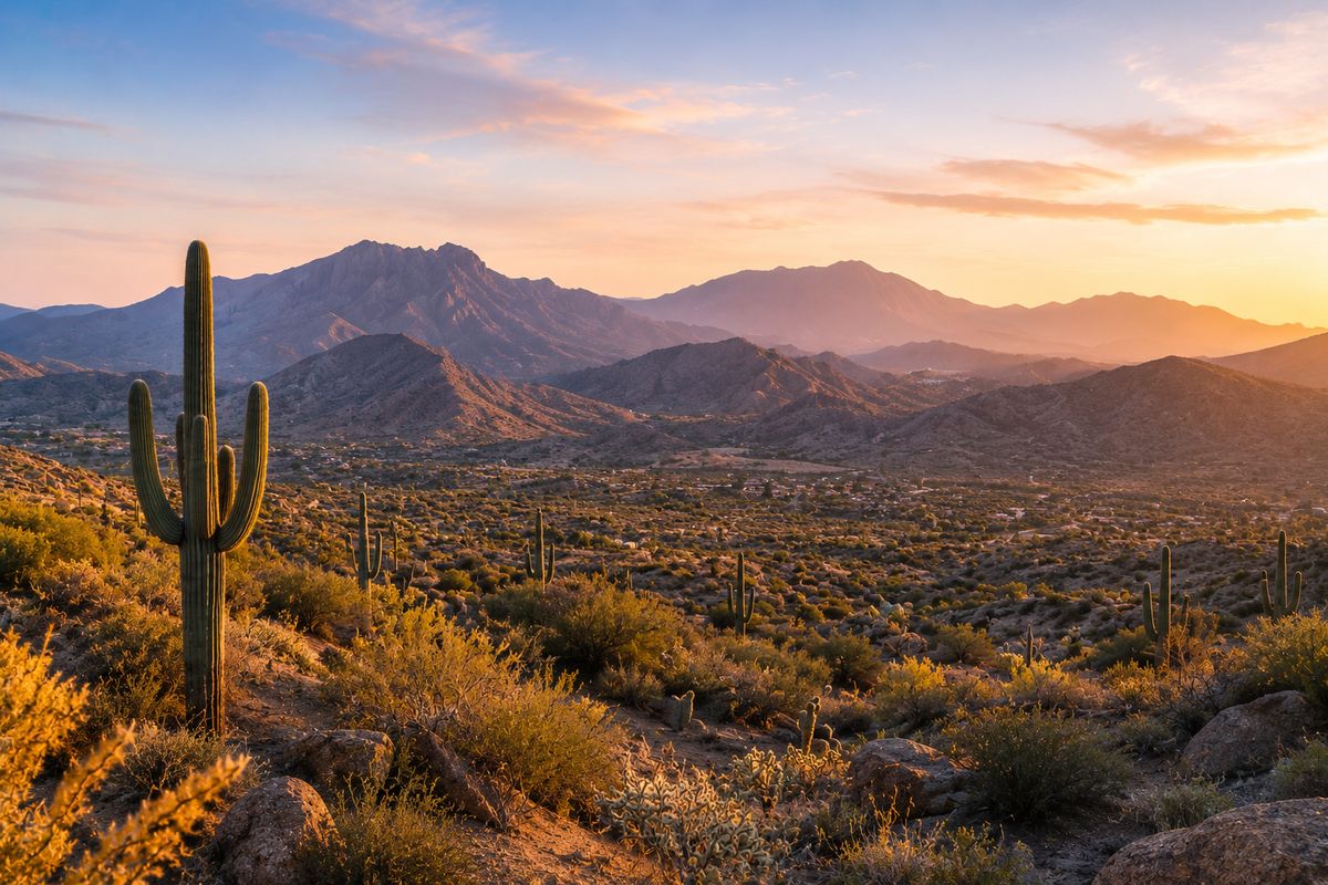 Saguaro cactus and Southwest mountains glowing at sunset