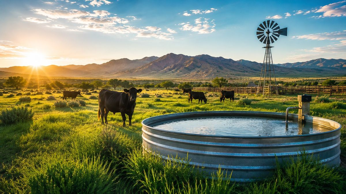 Cattle grazing near an on-property water tank and windmill at golden hour