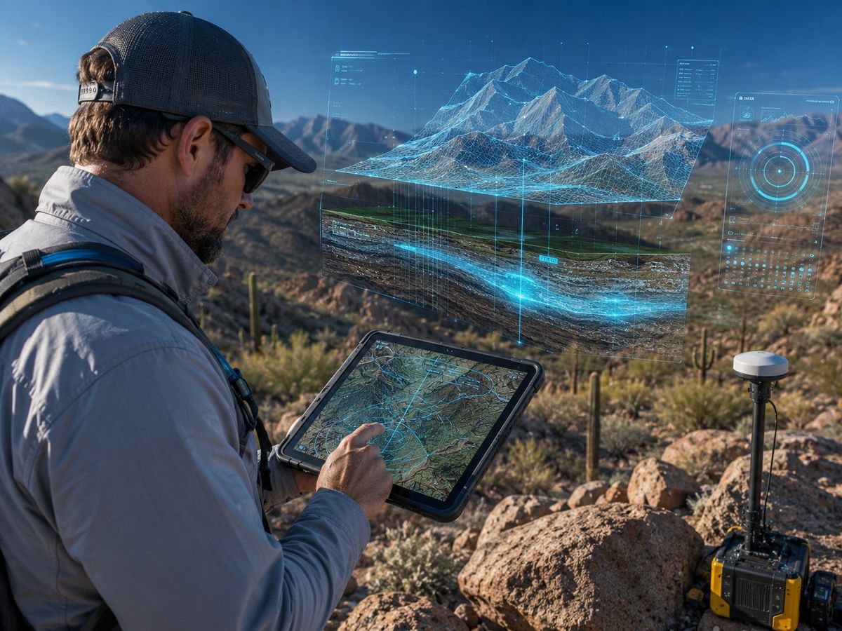 Technician evaluating terrain on a tablet during a free groundwater assessment