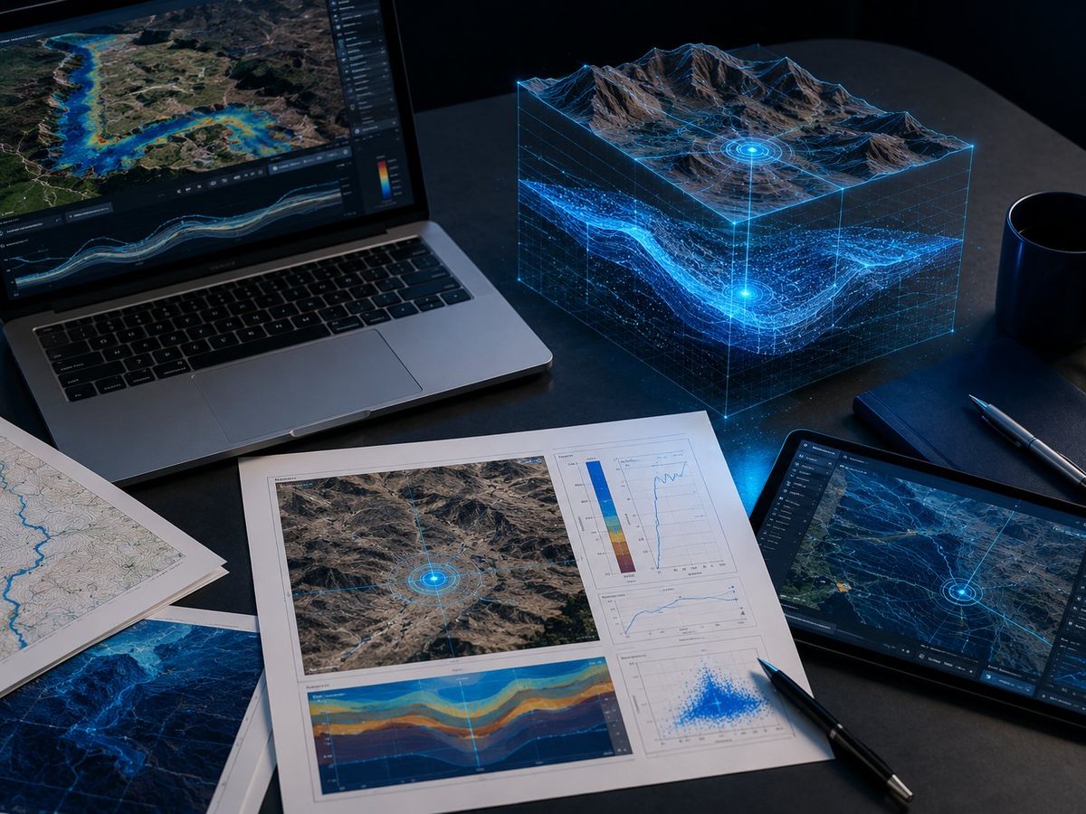 Desktop water study workstation with topographic survey maps, subsurface analysis charts, and a 3D holographic terrain model of groundwater