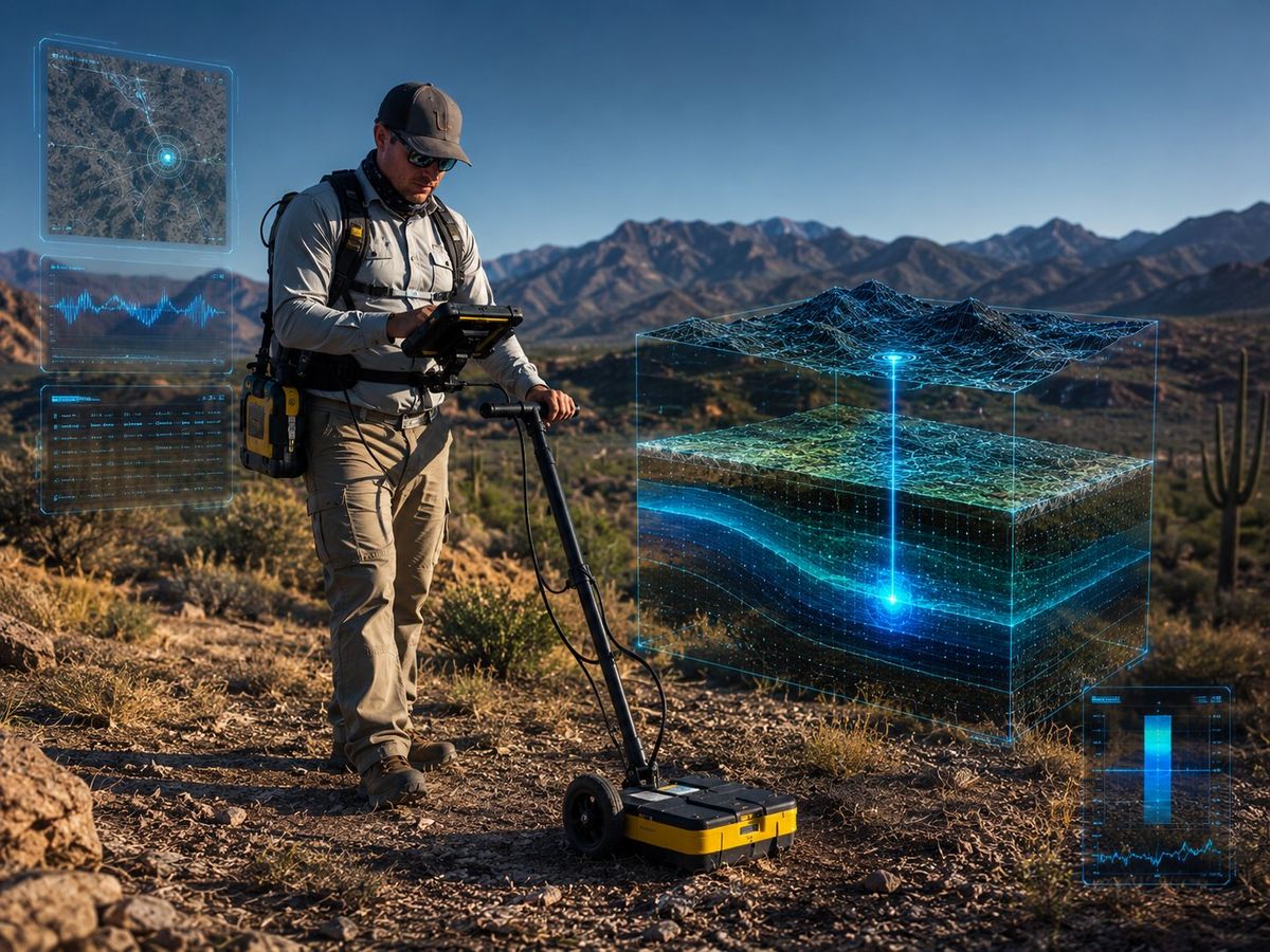 Geophysicist running an on-site groundwater survey in the desert