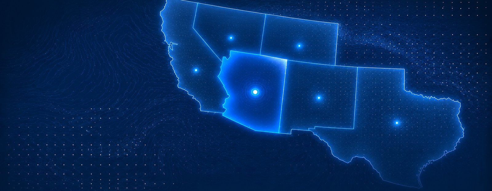Glowing map of the Southwest United States with all six served states highlighted
