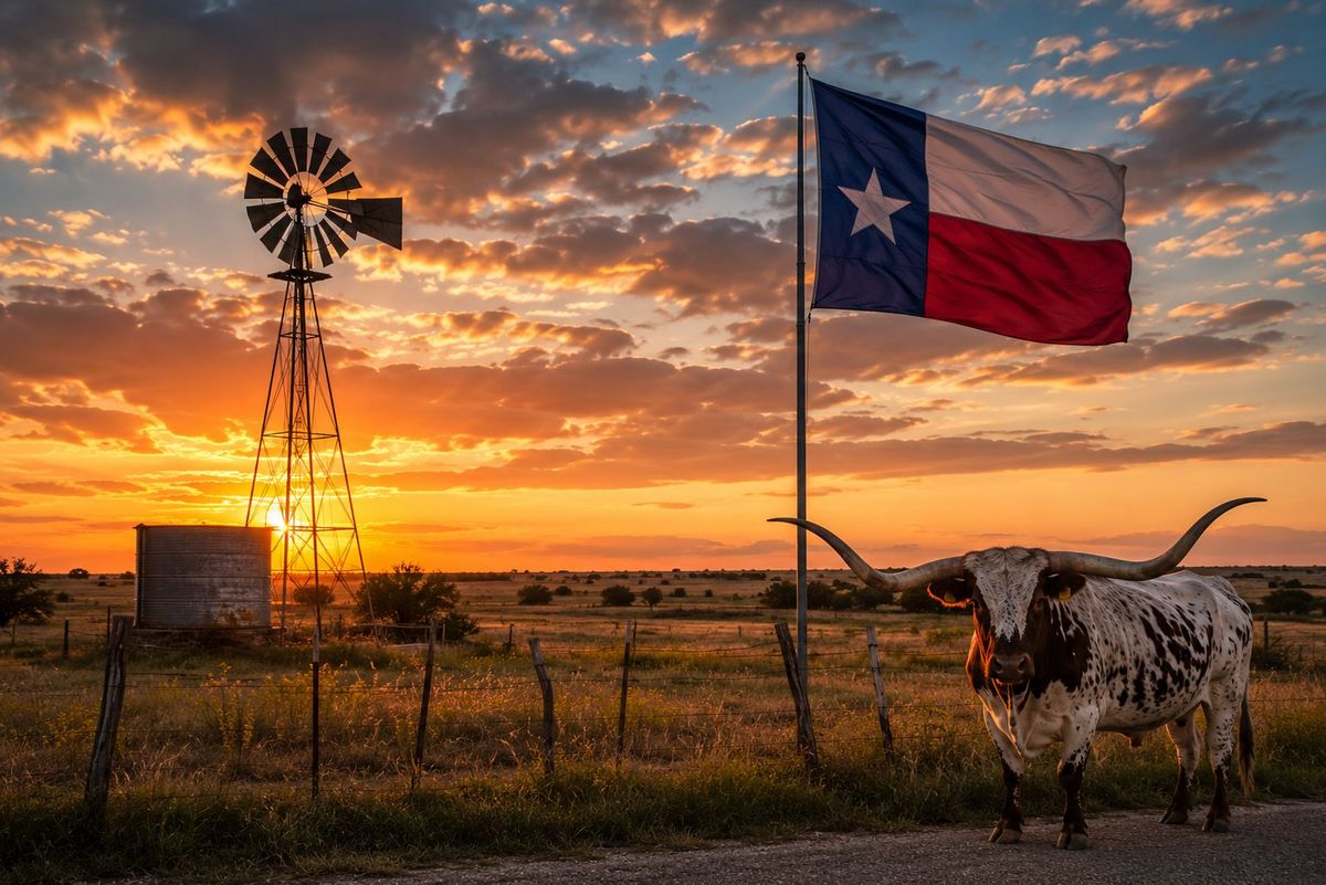 Texas ranch at sunset with windmill, state flag, and a longhorn